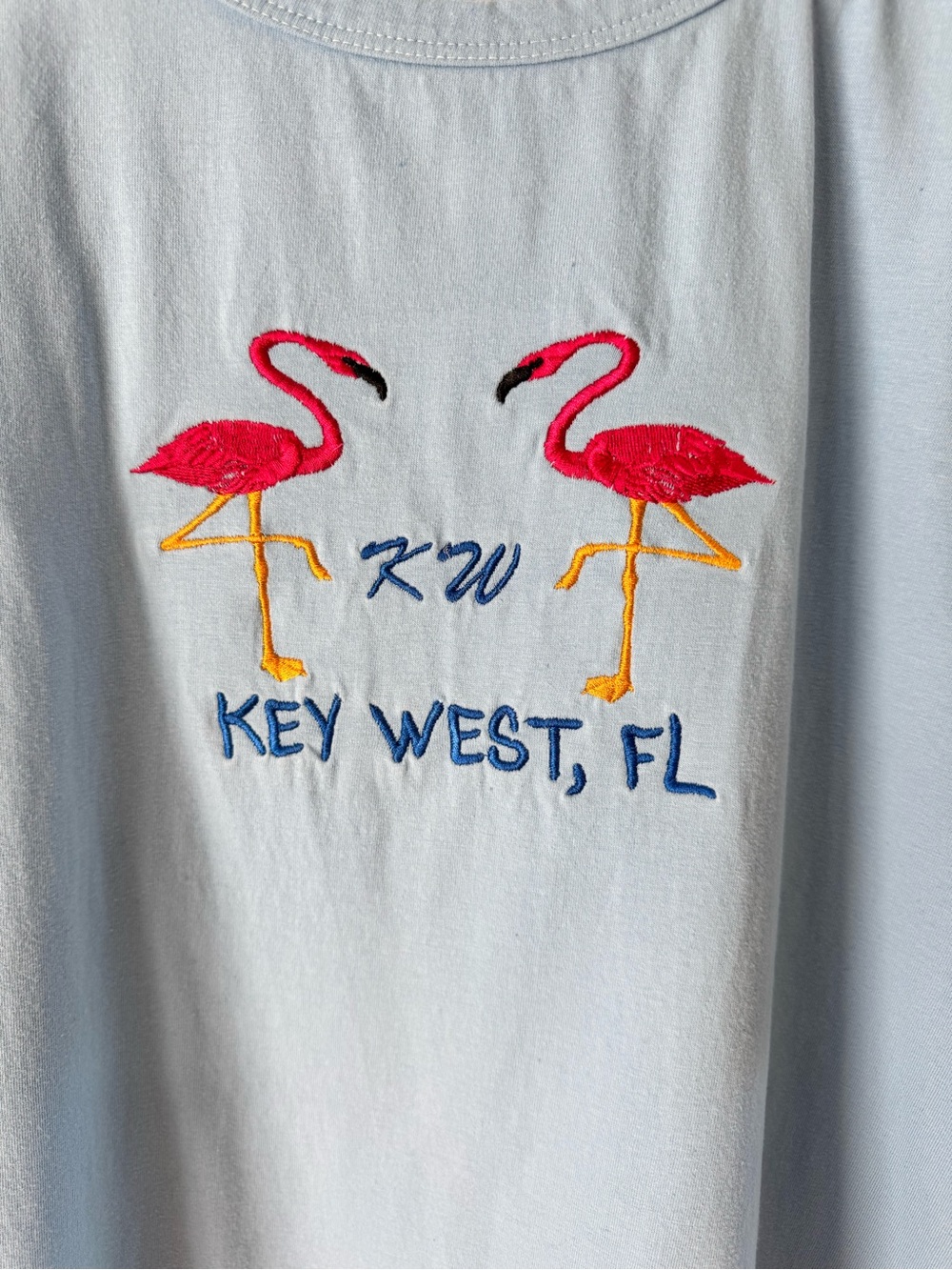 Vintage Key West Flamingo Embroidered Short Sleeve Tee - Light Blue